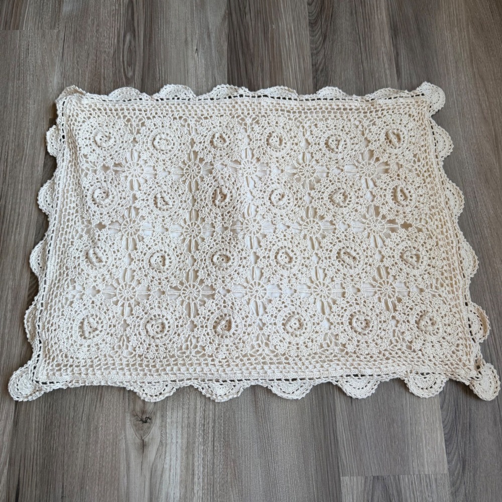 Vintage Ivory Crochet Lace Pillow Sham Scalloped Floral Medallion Cottagecore